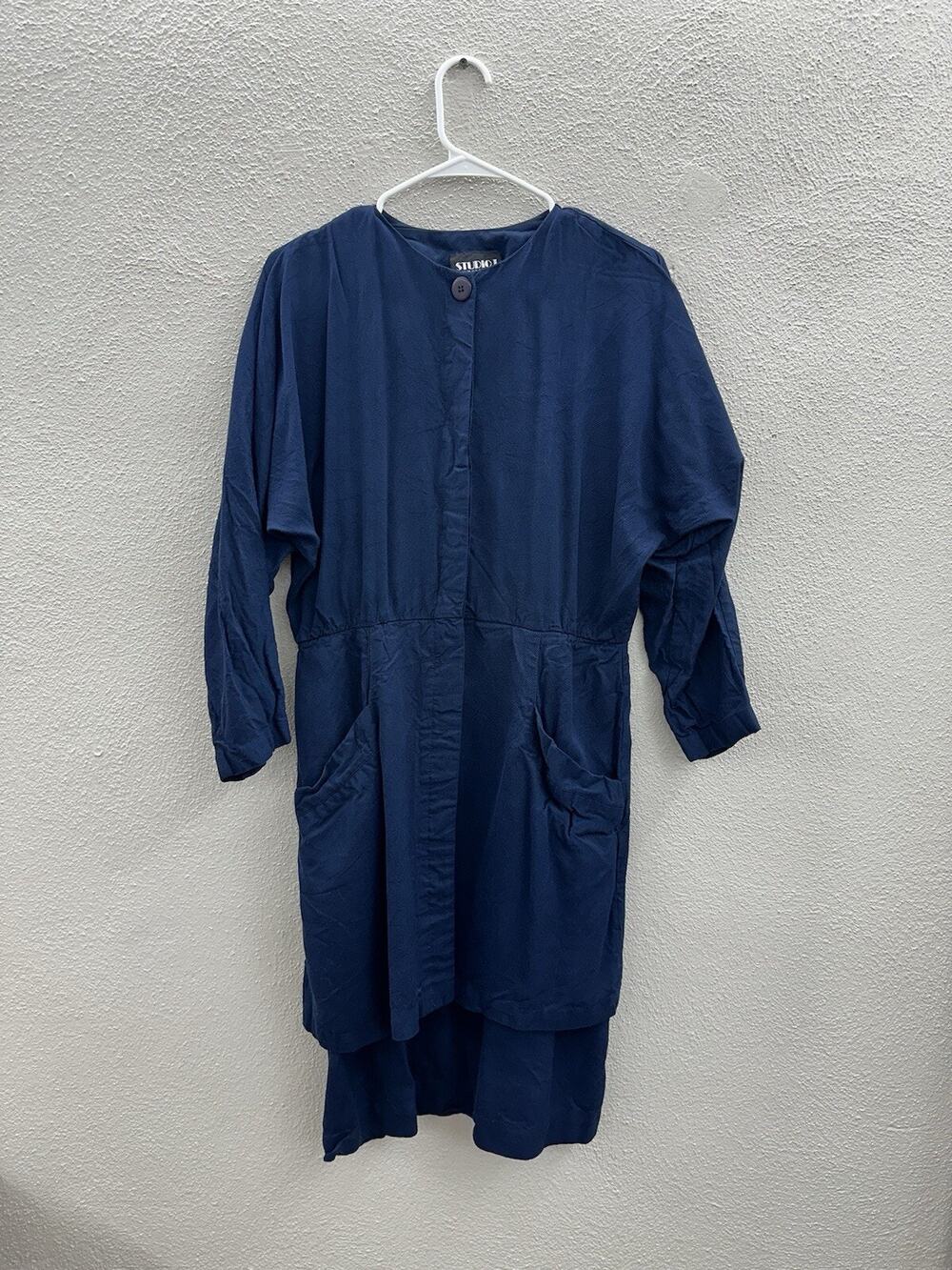 Studio One Womens Dress Size 12 Navy Blue Long Sleeve Hidden Button Up Vintage